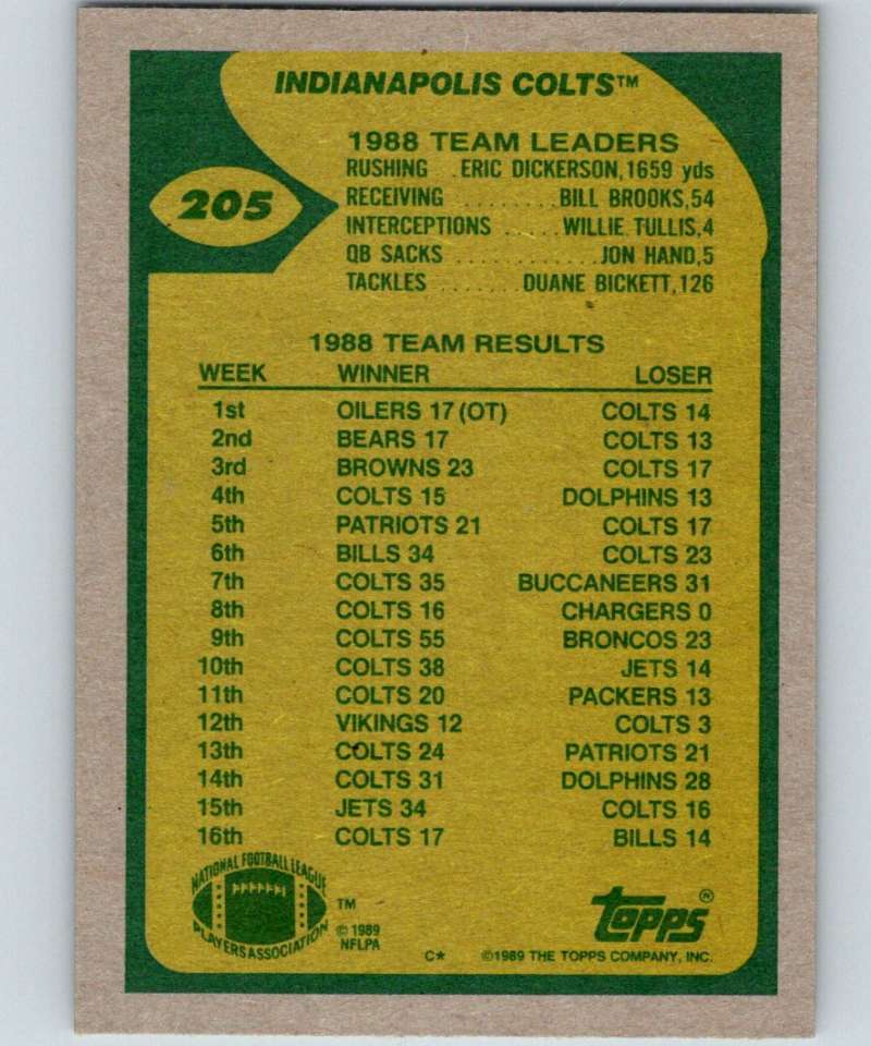 1989 Topps #205 Chris Chandler Colts TL NFL Football Image 2