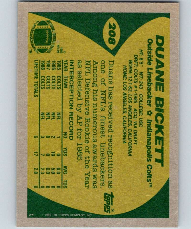 1989 Topps #208 Duane Bickett Colts NFL Football Image 2