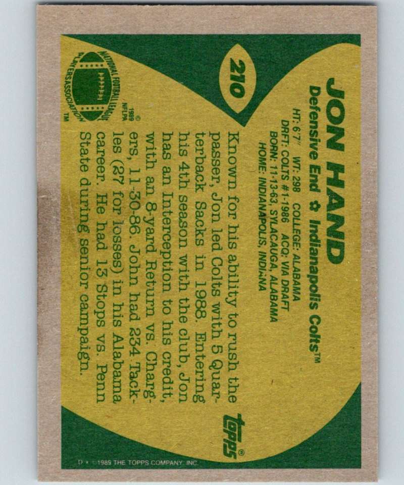 1989 Topps #210 Jon Hand Colts NFL Football Image 2