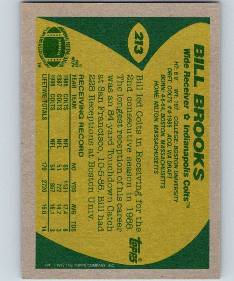 1989 Topps #213 Bill Brooks Colts NFL Football Image 2