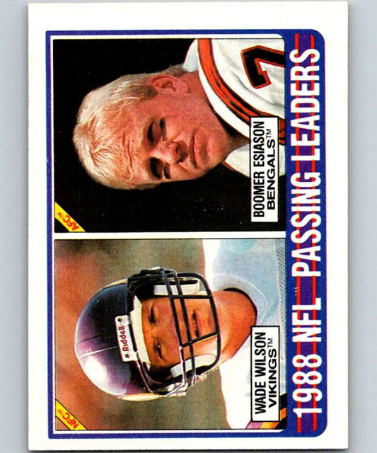 1989 Topps #217 Wade Wilson/Boomer Esiason Passing Leaders NFL Football Image 1