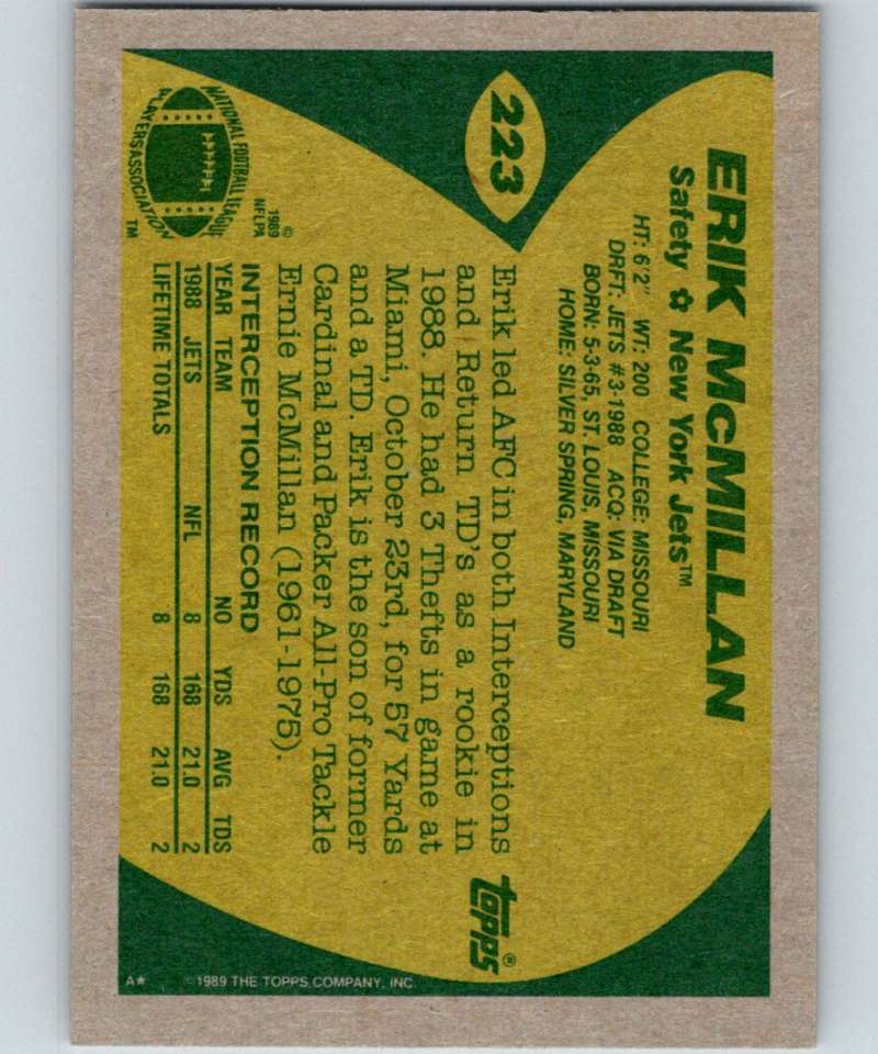 1989 Topps #223 Erik McMillan RC Rookie NY Jets NFL Football Image 2