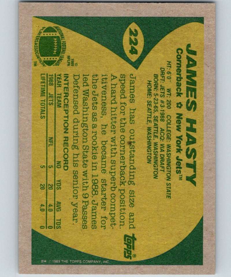 1989 Topps #224 James Hasty RC Rookie NY Jets NFL Football Image 2
