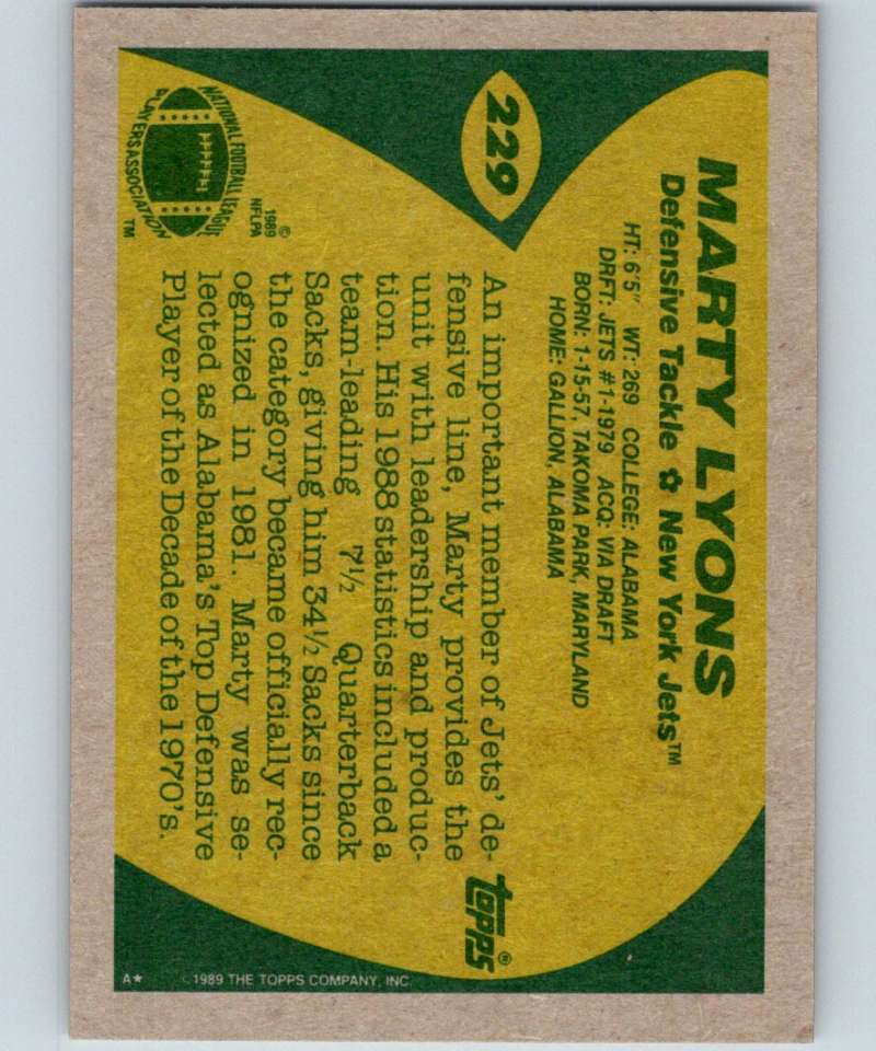 1989 Topps #229 Marty Lyons NY Jets NFL Football Image 2