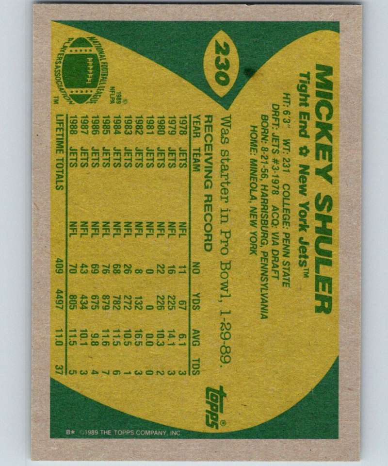 1989 Topps #230 Mickey Shuler NY Jets NFL Football Image 2