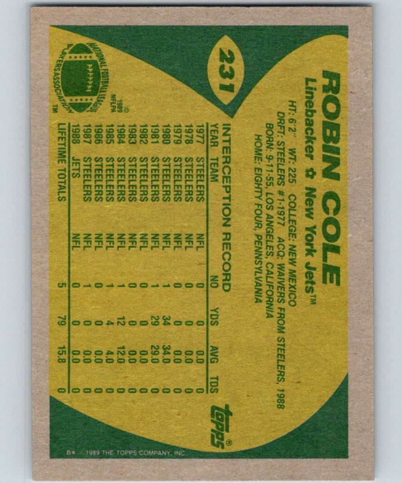 1989 Topps #231 Robin Cole NY Jets NFL Football Image 2