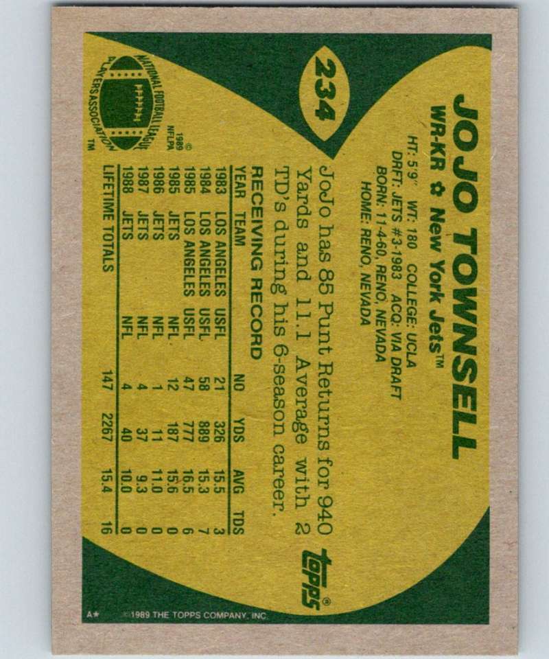 1989 Topps #234 Jo Jo Townsell NY Jets NFL Football Image 2