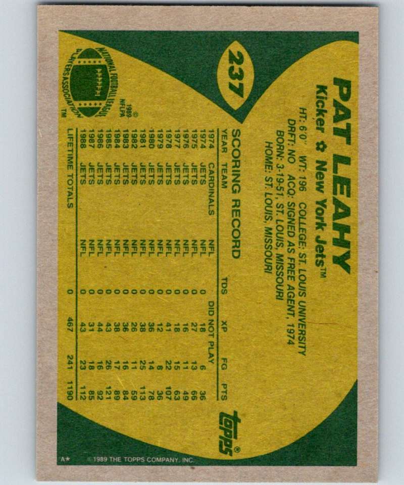 1989 Topps #237 Pat Leahy NY Jets NFL Football Image 2
