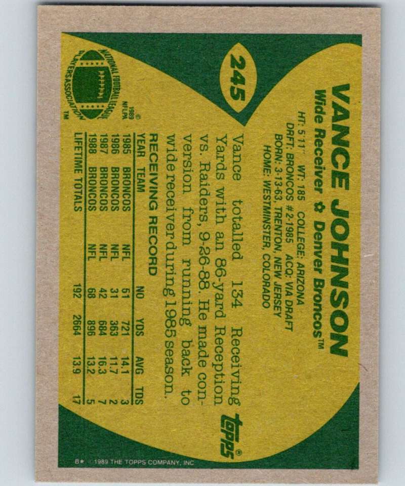 1989 Topps #245 Vance Johnson Broncos NFL Football Image 2