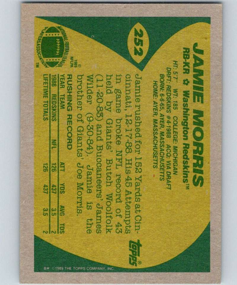 1989 Topps #252 Jamie Morris RC Rookie Redskins NFL Football Image 2