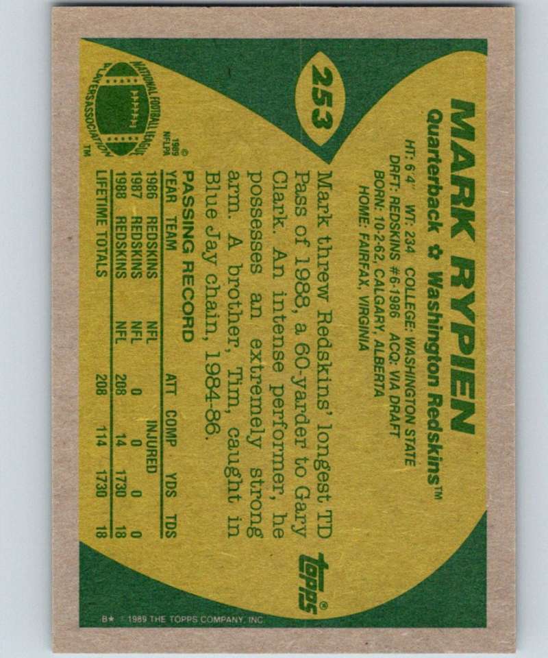1989 Topps #253 Mark Rypien RC Rookie Redskins UER NFL Football