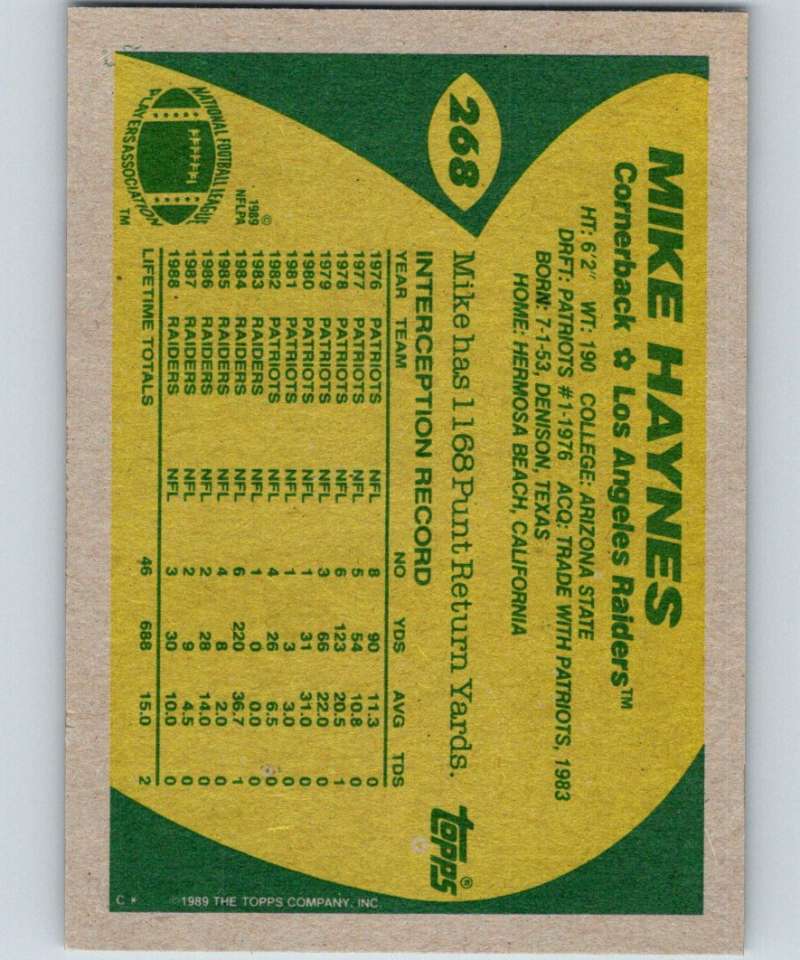 1989 Topps #268 Mike Haynes LA Raiders NFL Football Image 2