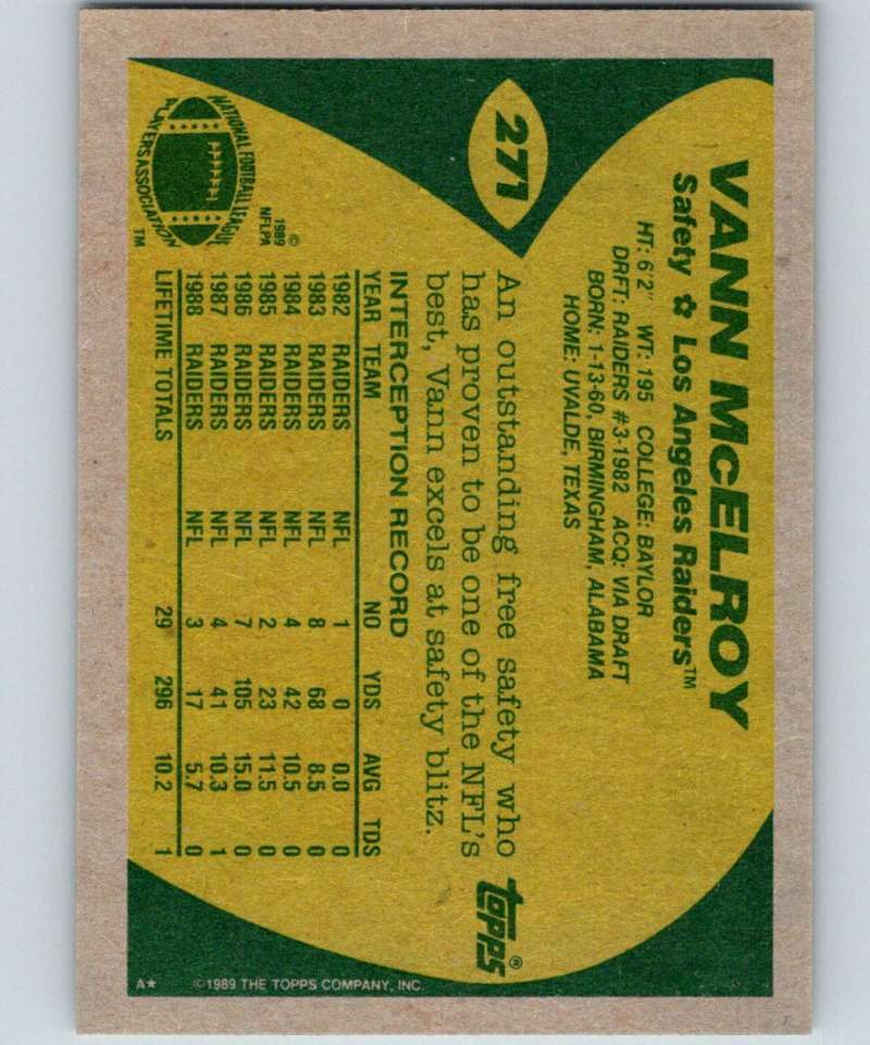 1989 Topps #271 Vann McElroy LA Raiders NFL Football Image 2