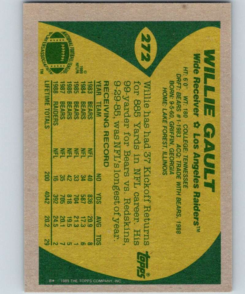 1989 Topps #272 Willie Gault LA Raiders NFL Football Image 2