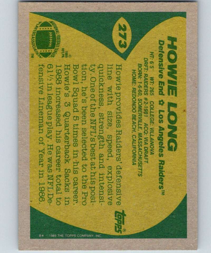 1989 Topps #273 Howie Long LA Raiders NFL Football Image 2