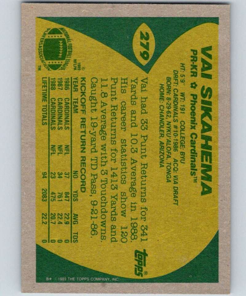 1989 Topps #279 Vai Sikahema Cardinals NFL Football Image 2