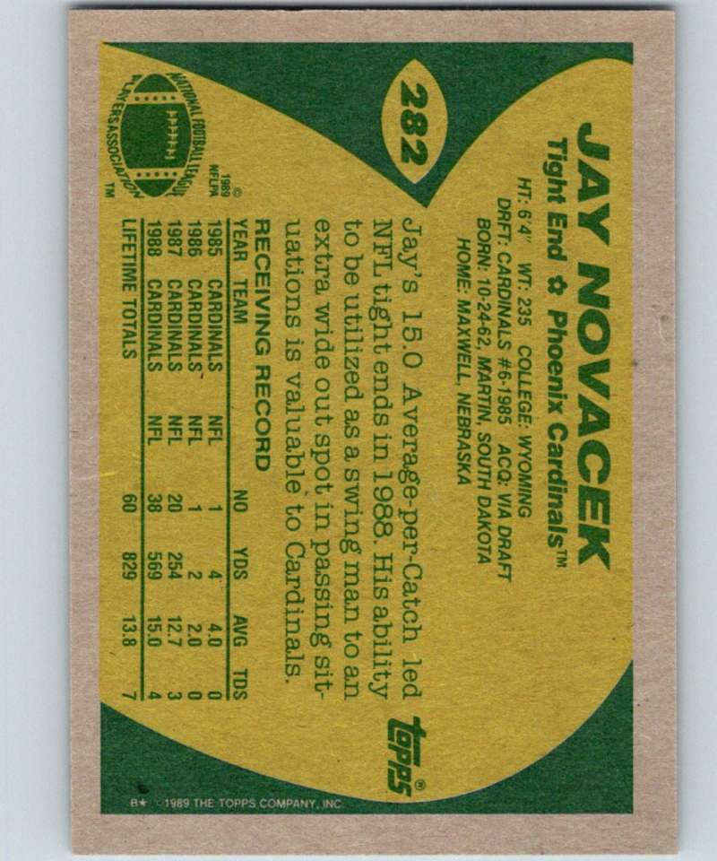 1989 Topps #282 Jay Novacek RC Rookie Cardinals NFL Football Image 2