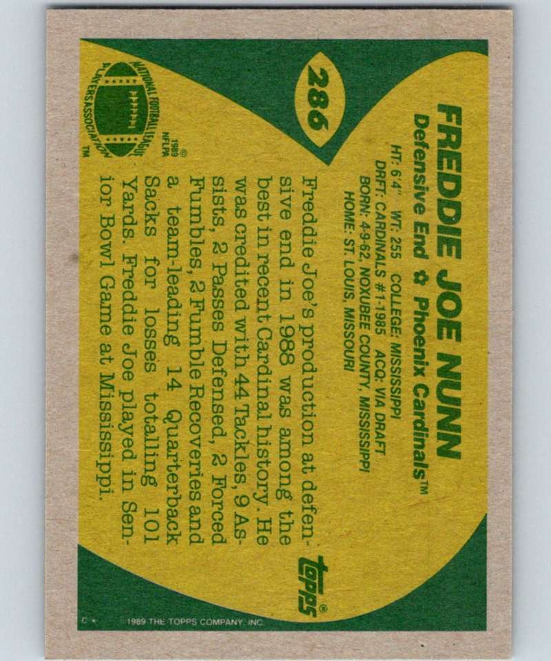 1989 Topps #286 Freddie Joe Nunn Cardinals NFL Football Image 2