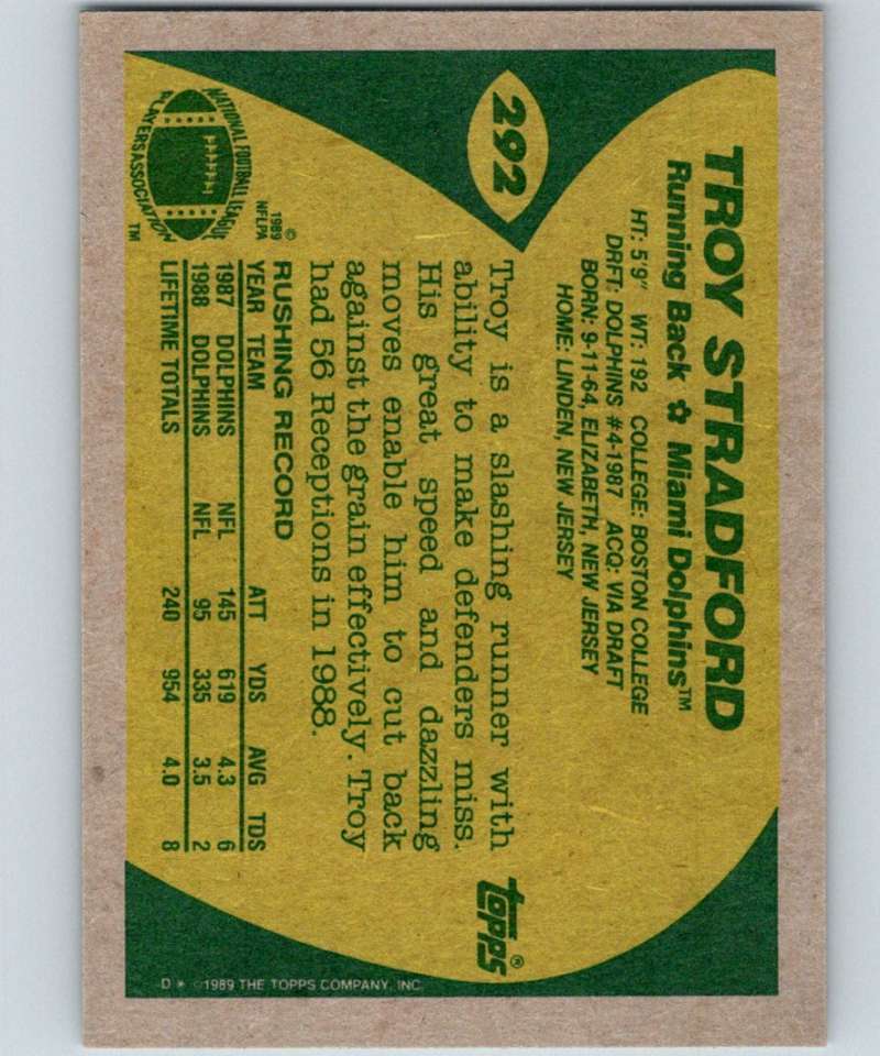 1989 Topps #292 Troy Stradford Dolphins NFL Football Image 2