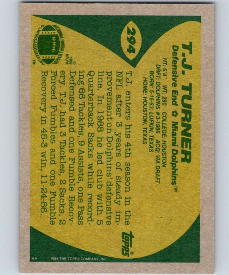 1989 Topps #294 T.J. Turner Dolphins NFL Football Image 2