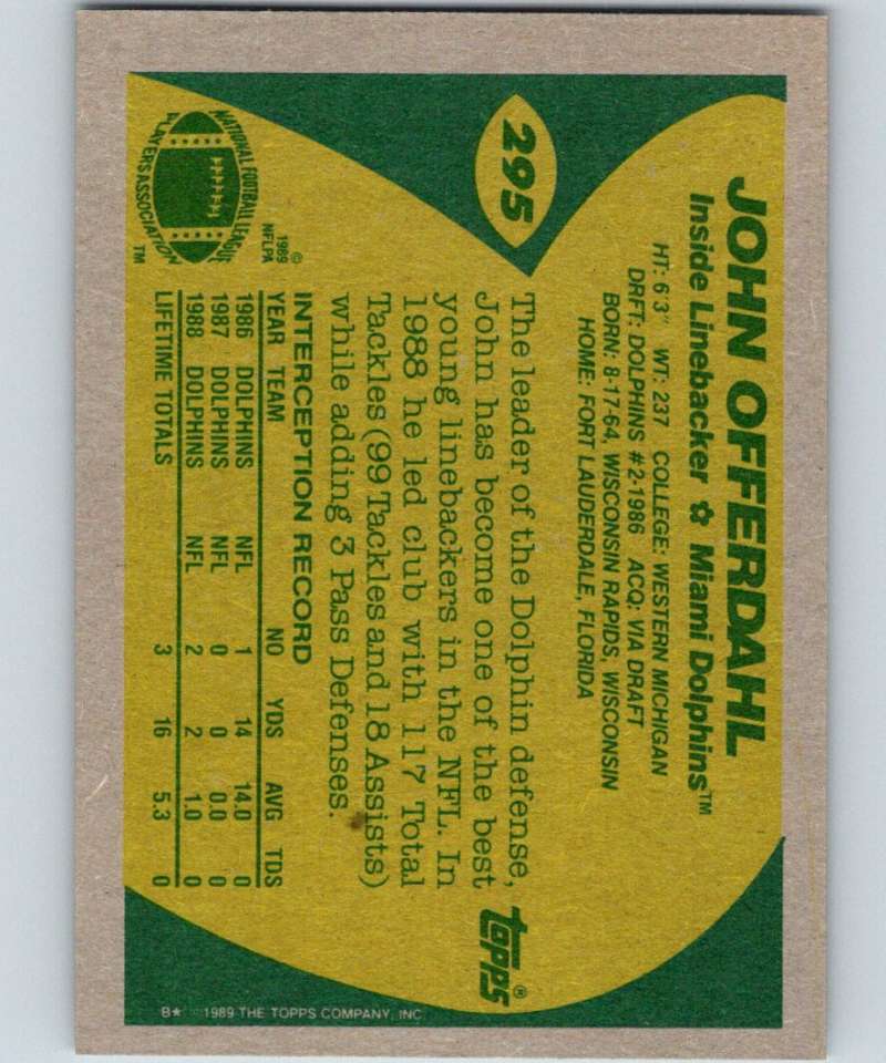 1989 Topps #295 John Offerdahl Dolphins NFL Football Image 2