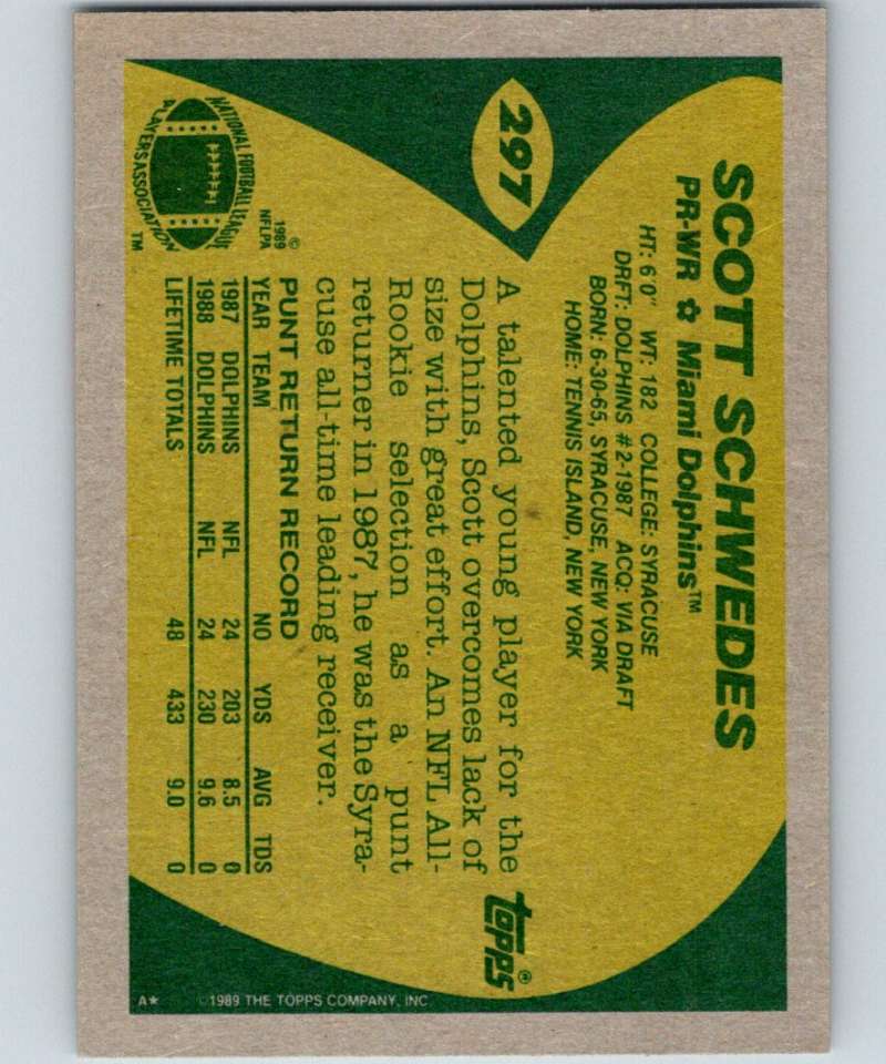 1989 Topps #297 Scott Schwedes Dolphins NFL Football Image 2