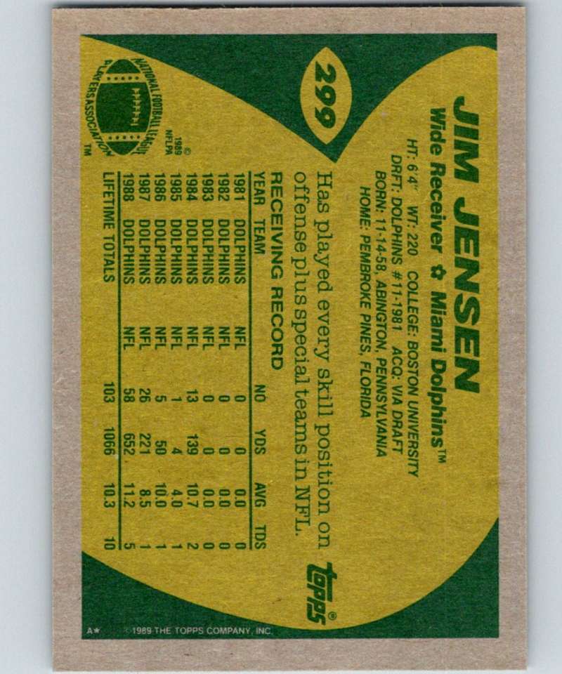 1989 Topps #299 Jim Jensen RC Rookie Dolphins NFL Football Image 2