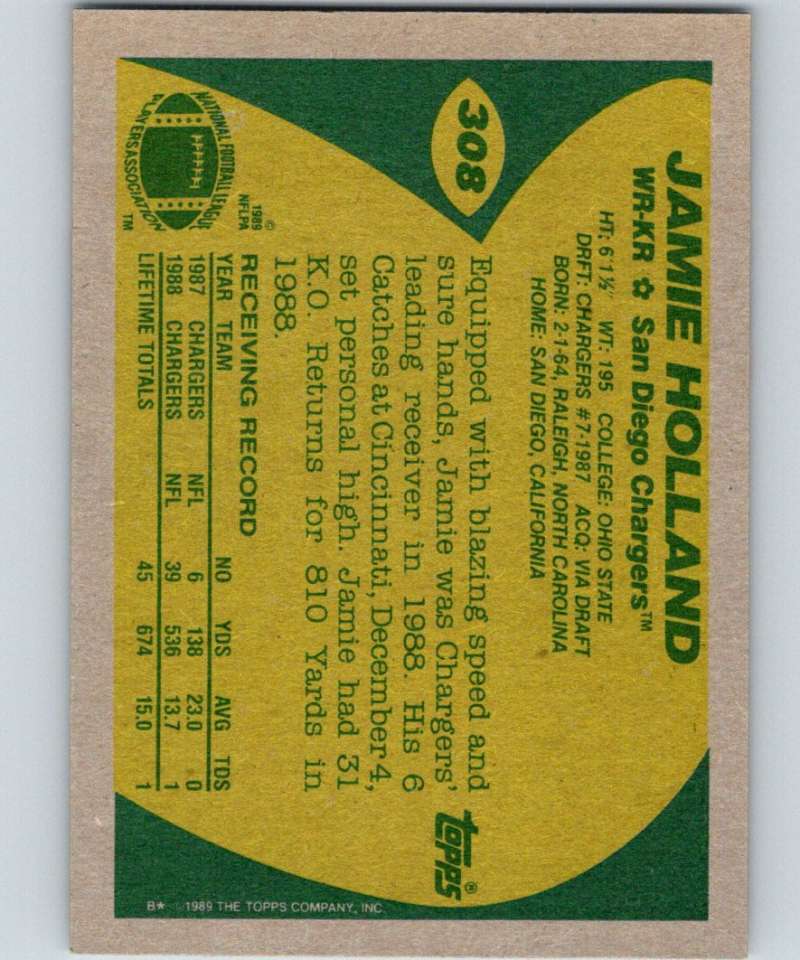 1989 Topps #308 Jamie Holland RC Rookie Chargers NFL Football