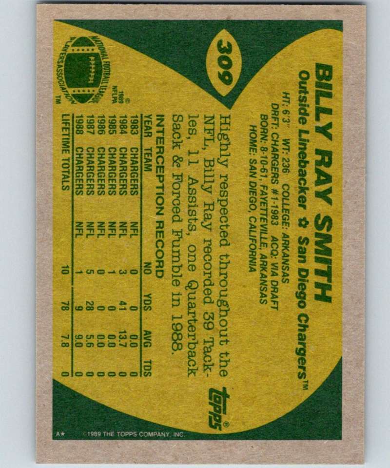 1989 Topps #309 Billy Ray Smith Chargers NFL Football
