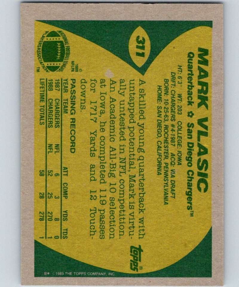 1989 Topps #311 Mark Vlasic RC Rookie Chargers NFL Football Image 2