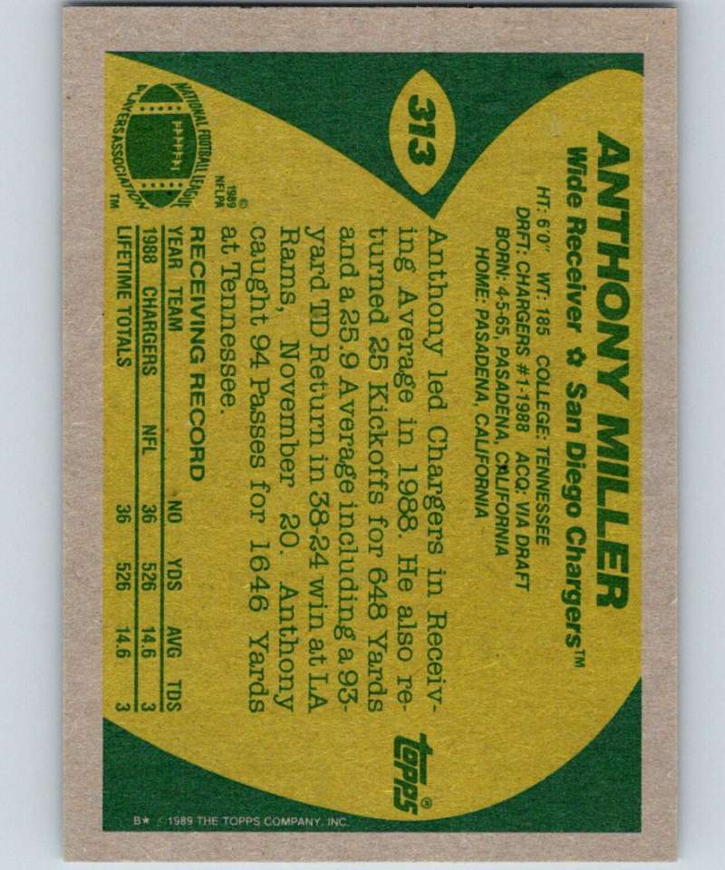 1989 Topps #313 Anthony Miller RC Rookie Chargers NFL Football Image 2