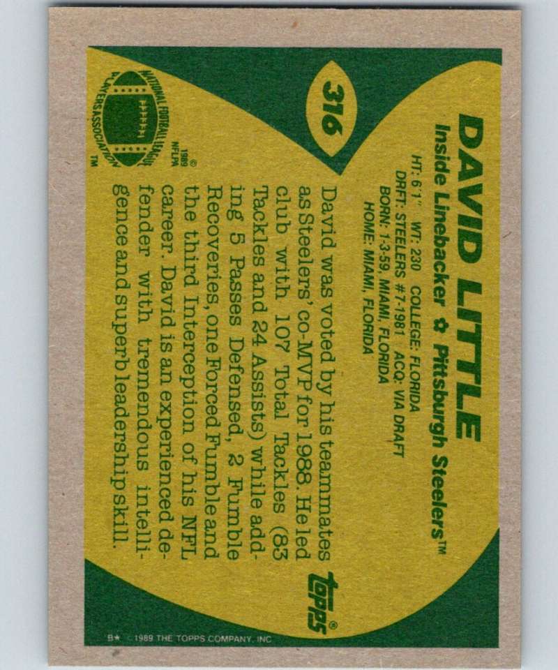 1989 Topps #316 David Little Steelers NFL Football Image 2