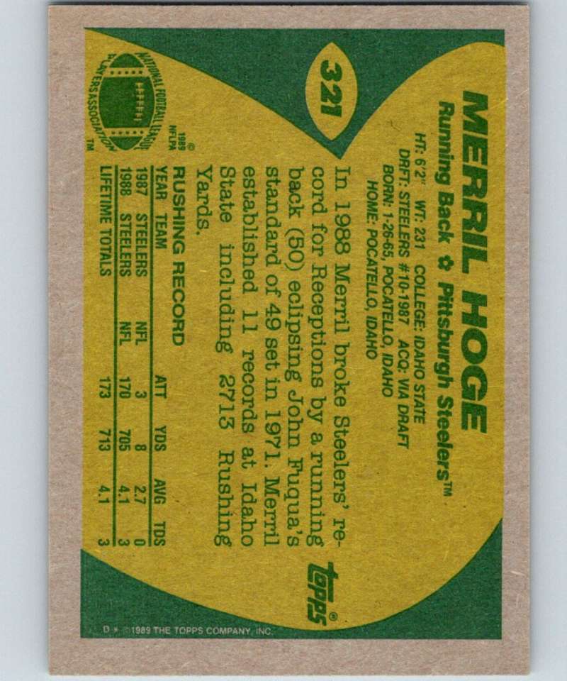 1989 Topps #321 Merril Hoge RC Rookie Steelers NFL Football