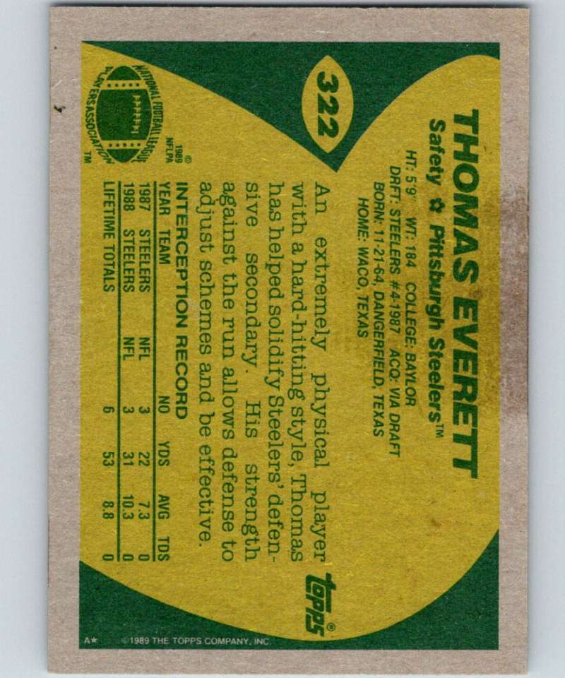 1989 Topps #322 Thomas Everett RC Rookie Steelers NFL Football