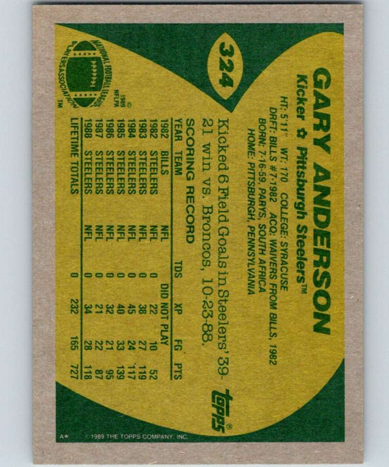 1989 Topps #324 Gary Anderson Steelers NFL Football Image 2