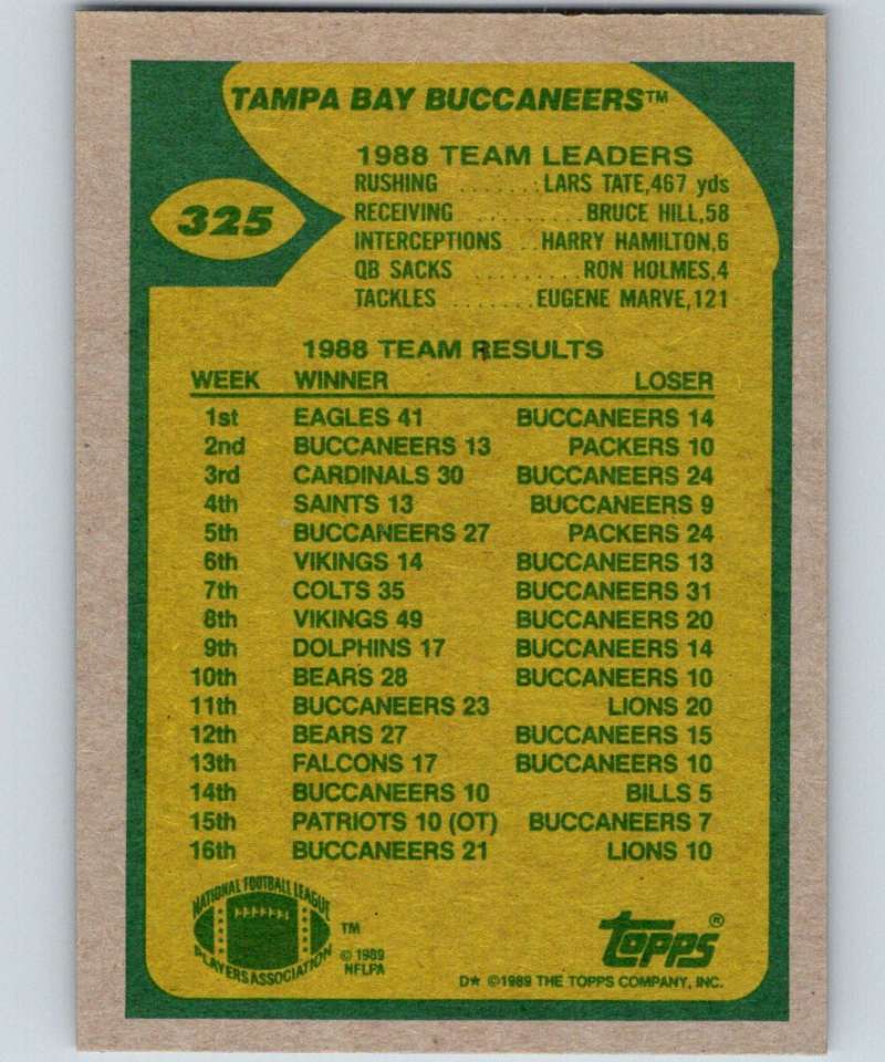1989 Topps #325 Tampa Bay Buccaneers Buccaneers TL NFL Football Image 2