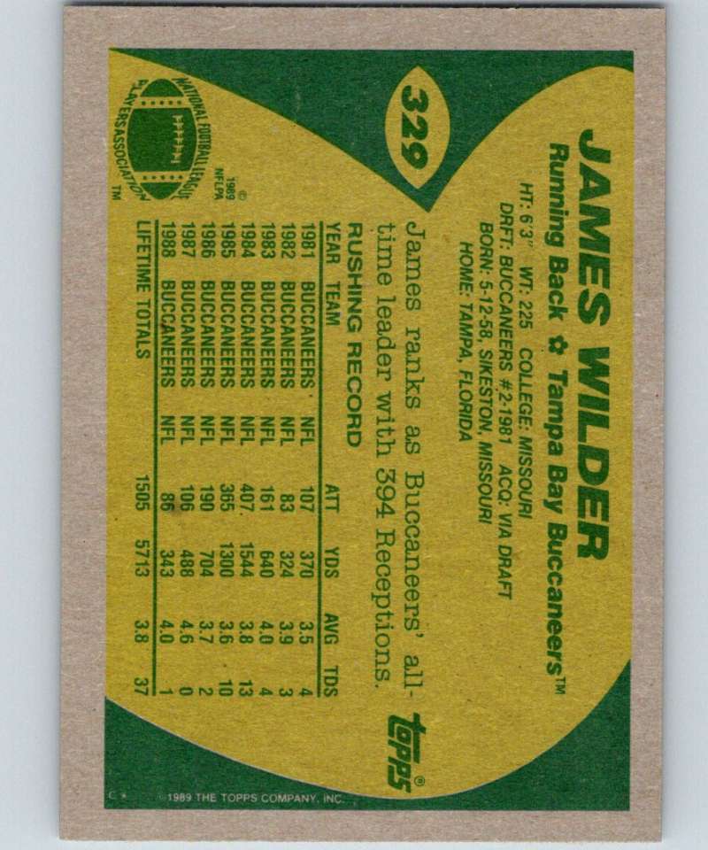 1989 Topps #329 James Wilder Buccaneers NFL Football Image 2