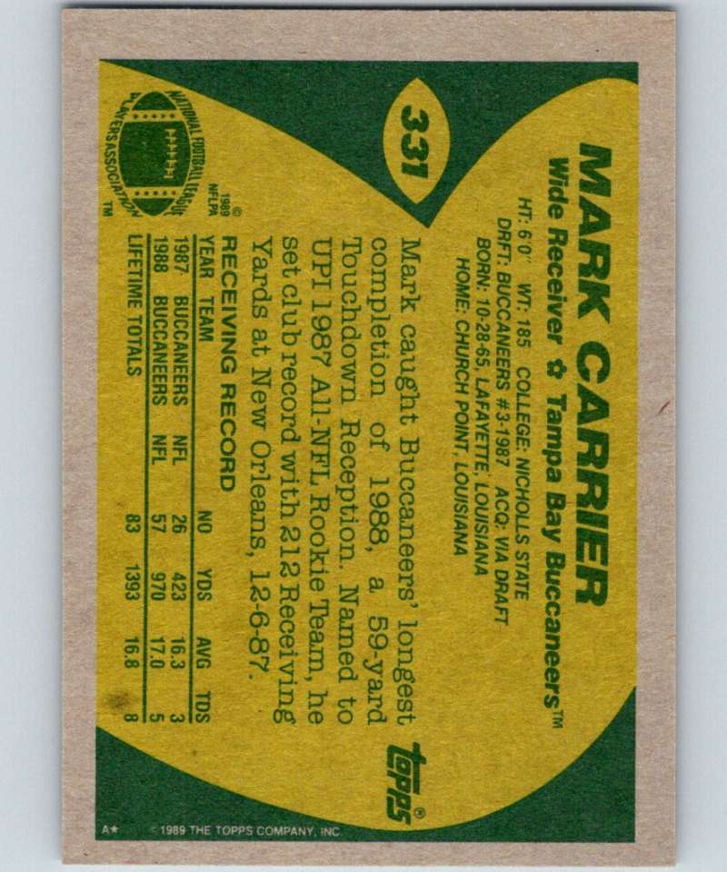 1989 Topps #331 Mark Carrier RC Rookie Buccaneers NFL Football