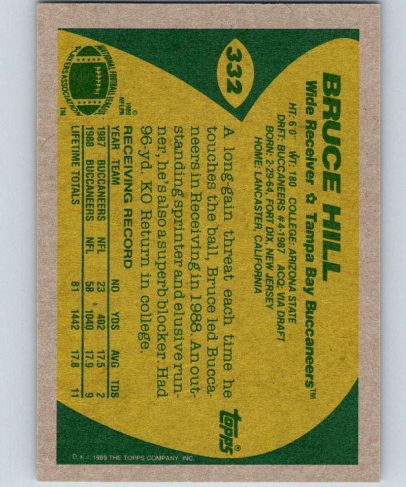 1989 Topps #332 Bruce Hill RC Rookie Buccaneers NFL Football Image 2