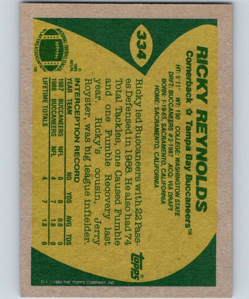 1989 Topps #334 Ricky Reynolds Buccaneers NFL Football Image 2