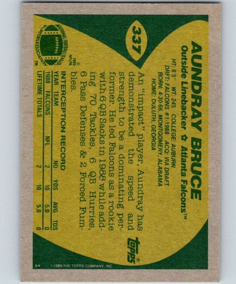 1989 Topps #337 Aundray Bruce RC Rookie Falcons NFL Football Image 2