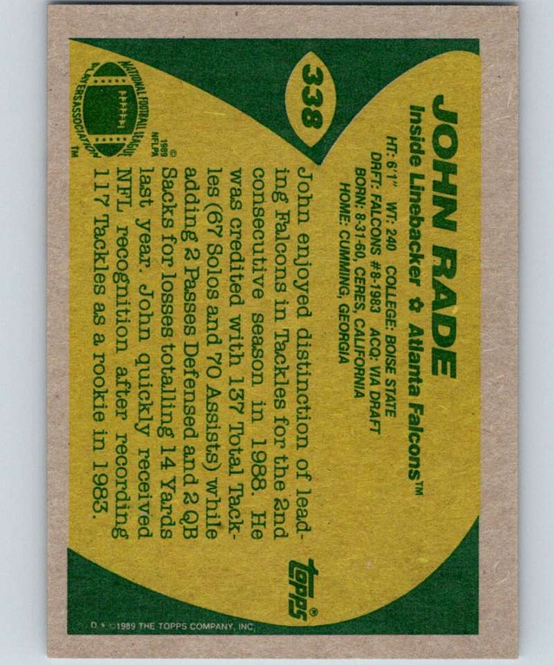 1989 Topps #338 John Rade Falcons NFL Football Image 2