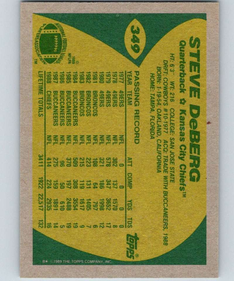 1989 Topps #349 Steve DeBerg Chiefs NFL Football Image 2