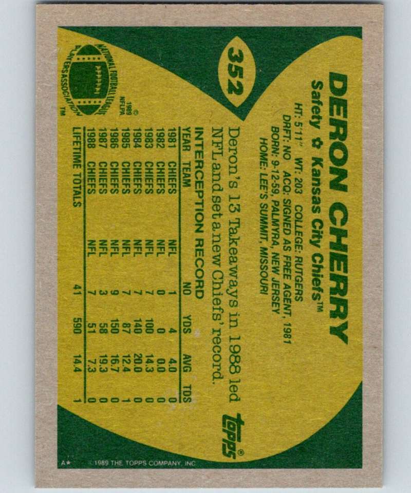 1989 Topps #352 Deron Cherry Chiefs NFL Football Image 2