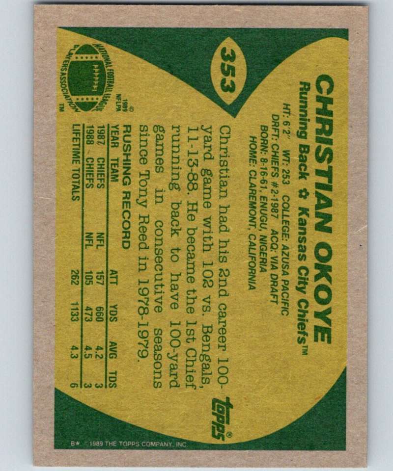 1989 Topps #353 Christian Okoye Chiefs NFL Football Image 2