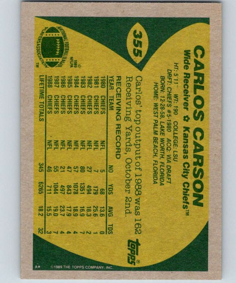 1989 Topps #355 Carlos Carson Chiefs NFL Football Image 2