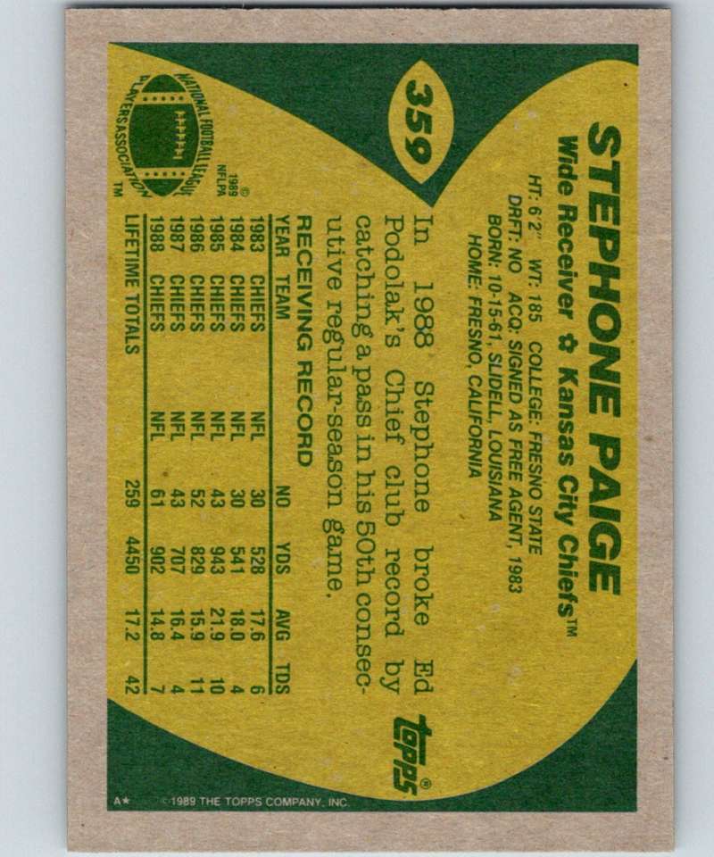 1989 Topps #359 Stephone Paige Chiefs NFL Football Image 2