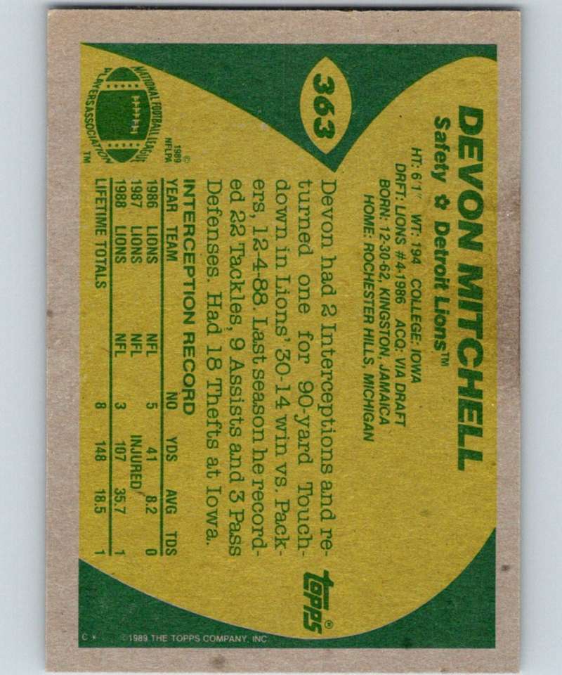 1989 Topps #363 Devon Mitchell Lions NFL Football