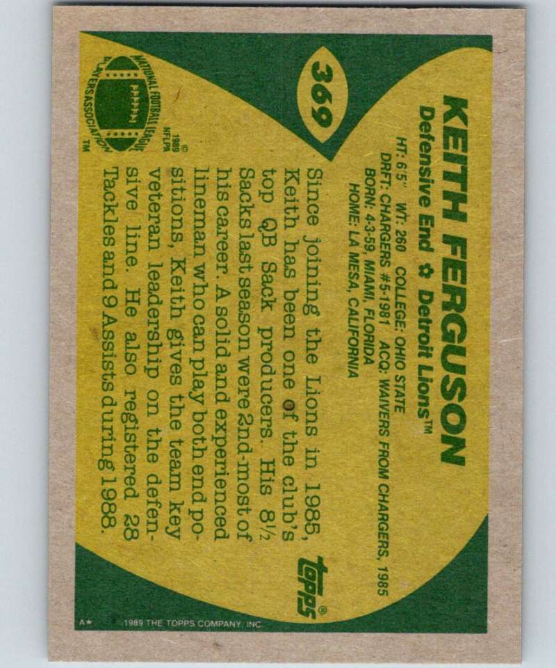 1989 Topps #369 Keith Ferguson Lions NFL Football Image 2