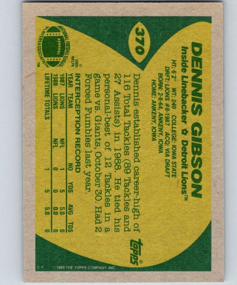 1989 Topps #370 Dennis Gibson Lions NFL Football Image 2